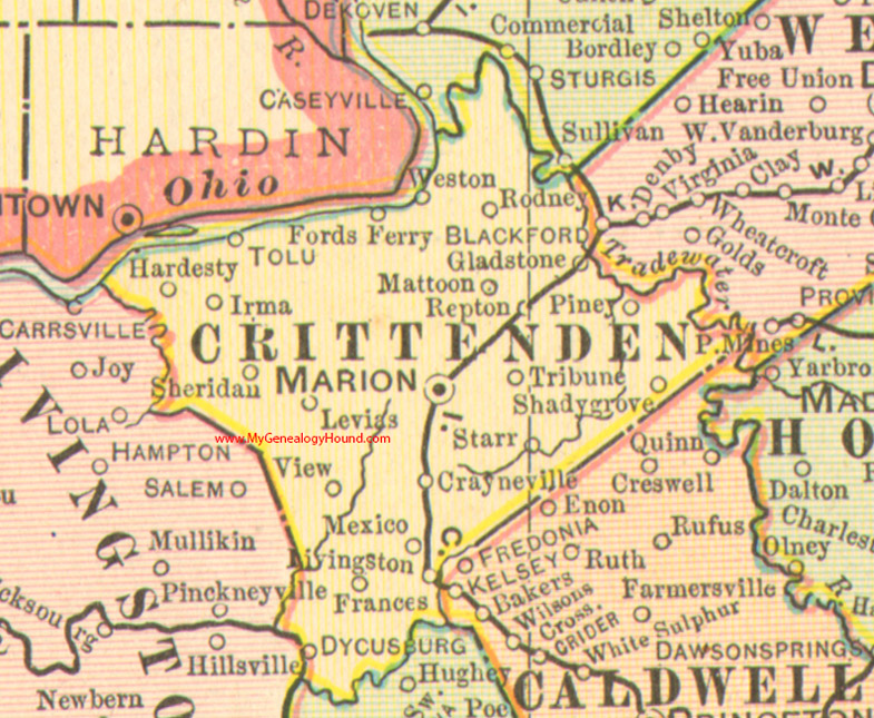 Crittenden County, Kentucky vintage 1905 map, Marion, Dycusburg, Tolu, Crayneville, Gladstone, Hardesty, Irma, Levias, Mattoon, Mexico, Repton, KY