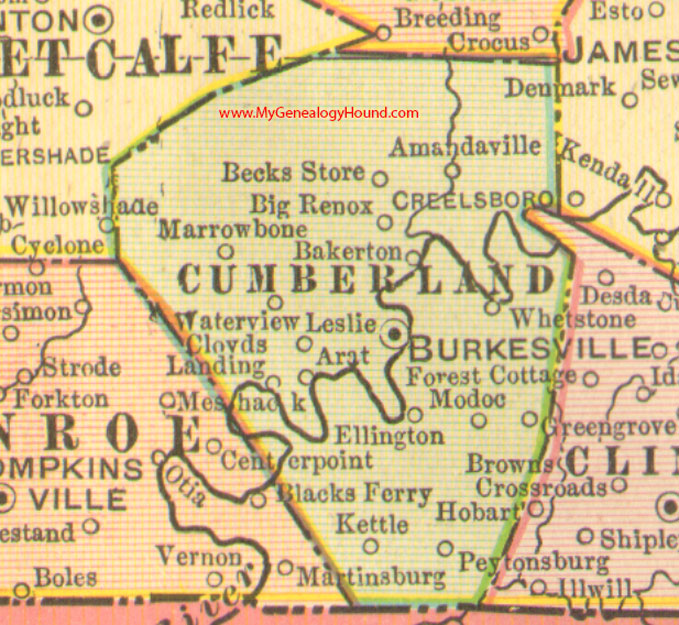 Cumberland County, Kentucky 1905 Map Burkesville, KY, Amandaville, Arat, Big Renox, Marrowbone, Cloyds Landing, Modoc, Peytonsburg, Whetstone