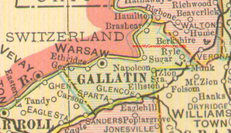Gallatin County, Kentucky vintage 1905 Map, Warsaw, KY, Brashear, Ethridge, Gex, Glencoe, Munk, Napoleon, Ryle, Sparta, Sugar 