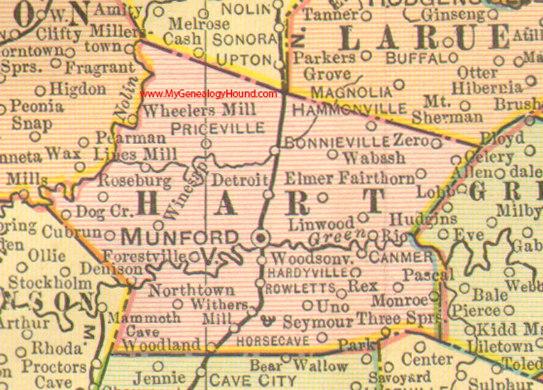 Hart County, Kentucky 1905 Map Munfordville, KY, Bonnieville, Horse Cave, Canmer, Dogcreek, Fairthorn, Pascal, Rio, Rowletts, Uno, Winesap