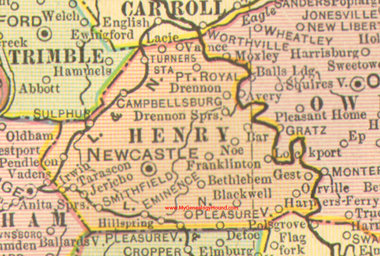 Henry County, Kentucky 1905 Map Newcastle, KY, Eminence, Lockport, Smithfield, Sulphur, Tarascon, Port Royal, Franklinton, Harpers Ferry, Bethlehem
