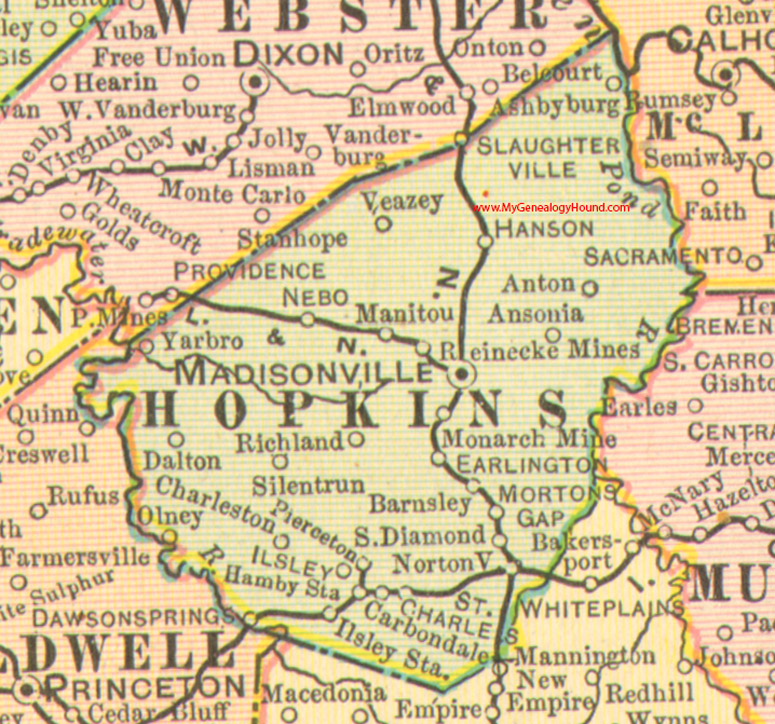 Hopkins County, Kentucky vintage 1905 map, Madisonville, Earlington, Hanson, Nebo, Mortons Gap, St. Charles, Yarbo, Veazey, Isley, Ansonia, KY 