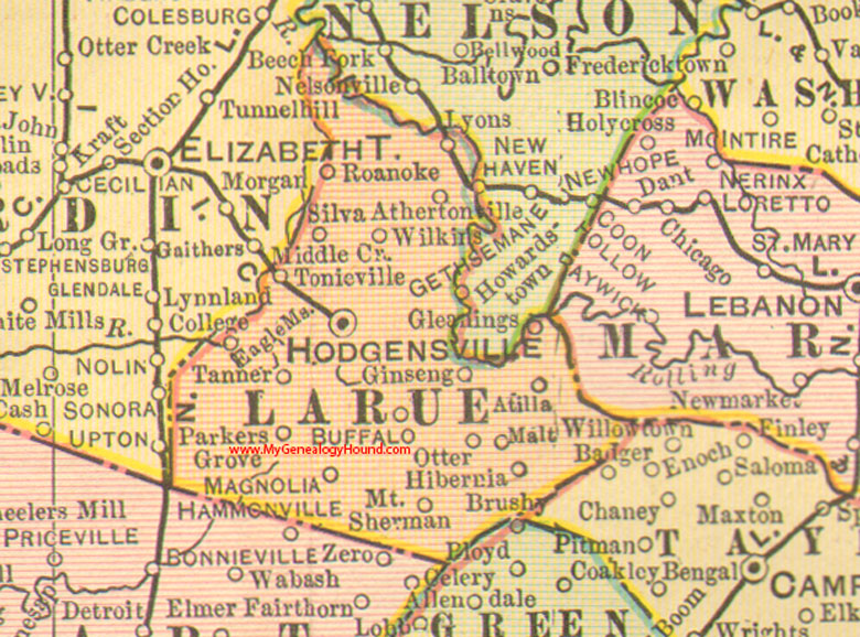 Larue County, Kentucky 1905 Map Hodgensville, KY, Buffalo, Magnolia, Eagle Mills, Ginseng, Hibernia, Roanoke, Tonieville