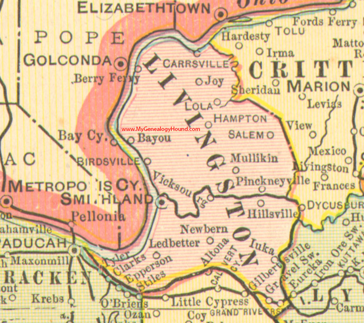 Livingston County, Kentucky vintage 1905 map, Smithland, Salem, Hampton, Carrsville, Iuka, Ledbetter, Lola, Mullikin, Pinckneyville, KY