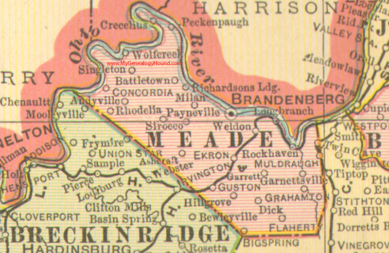 Meade County, Kentucky vintage 1905 Map, Brandenburg, KY, Battletown, Ekron, Flaherty, Sirocco, Crecelius, Garnettsville, Milan, Muldraugh, Peckenpaugh, Rhodelia 
