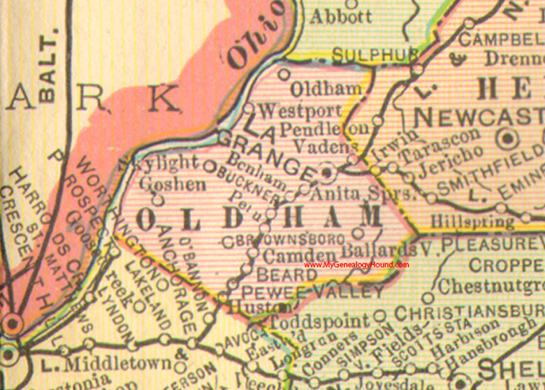 Oldham County, Kentucky 1905 Map La Grange, KY, Buckner, Pewee Valley, Westport, Anita Springs, Ballardsville, Brownsboro, Skylight, Vadens, Goshen, Huston