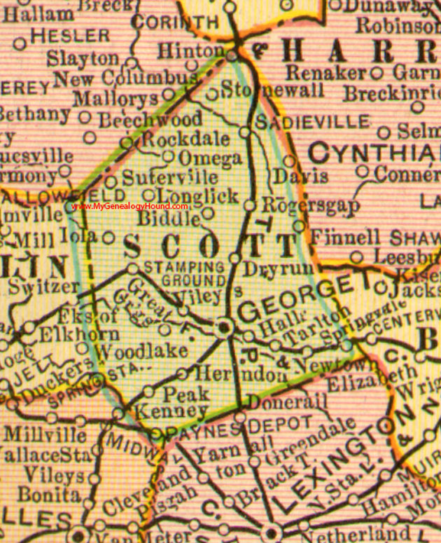 Scott County, Kentucky 1905 Map Georgetown, Stamping Ground, Newtown, Sadieville, Biddle, Herndon, Iola, Stonewall, Tarlton