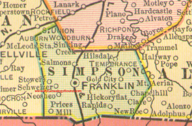 Simpson County, Kentucky, Vintage, 1905, Map, Franklin, KY, Gold City, Hickory Flat, Hillsdale, Neosheo, Prices Mill, Rapids, Salmons, Schweizer, Stowers, Temperance