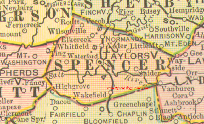Spencer County, Kentucky 1905 Map Taylorsville, KY, Elk Creek, Little Mount, Normandy, Snider, Wakefield, Waterford, Wilsonville, Yoder