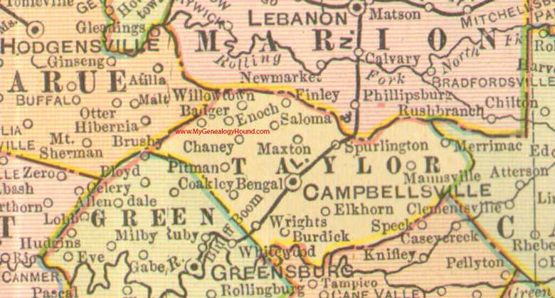 Taylor County, Kentucky 1905 Map Campbellsville, KY, Elk Horn, Mannsville, Burdick, Chaney, Enoch, Maxton, Merrimac, Pitman, Saloma, Spurlington