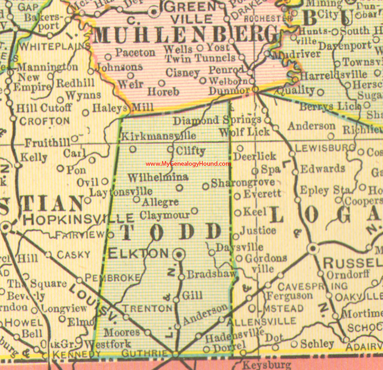 Todd County, Kentucky 1905 vintage map, Elkton, Guthrie, Allensville, Clifty, Kirkmansville, Trenton, KY