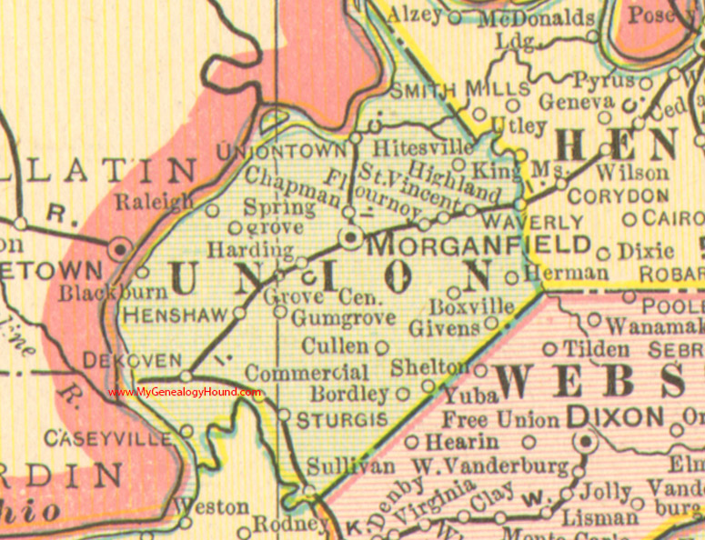Union County, Kentucky vintage 1905 Map, Morganfield, Uniontown, Dekoven, Sturgis, Waverly, Cullen, Henshaw, Yuba, Blackburn, KY 