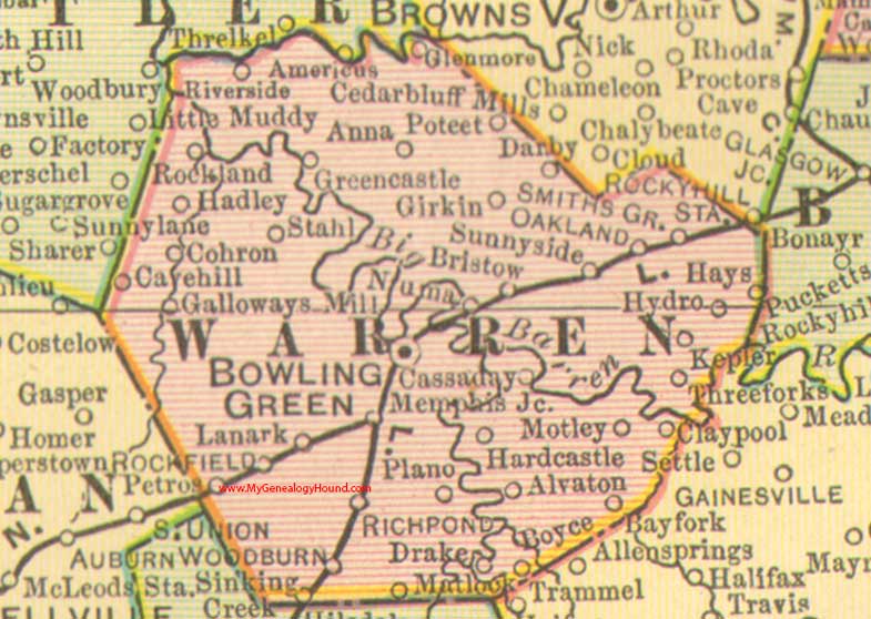 Warren County, Kentucky 1905 Map Bowling Green, Memphis Junction, Oakland, Smiths Grove, Woodburn, Cave Hill, Claypool, Galloways Mill, KY