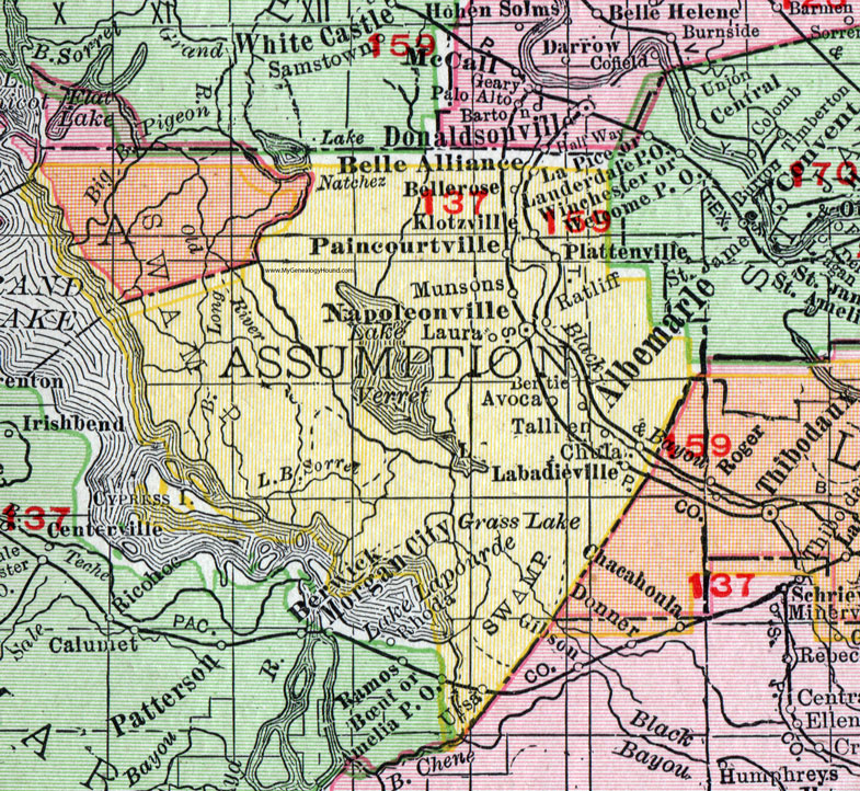 Assumption Parish, Louisiana, 1911, Map, Rand McNally, Albemarle, Napoleonville, Paincourtville, Labadieville, Belle Rose, Plattenville