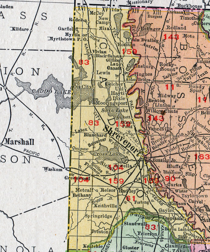 Caddo Parish, Louisiana, 1911, Map, Rand McNally, Shreveport, Belcher, Blanchard, Hosston, Gilliam, Ida, Mira, Vivian, Rodessa, Mooringsport