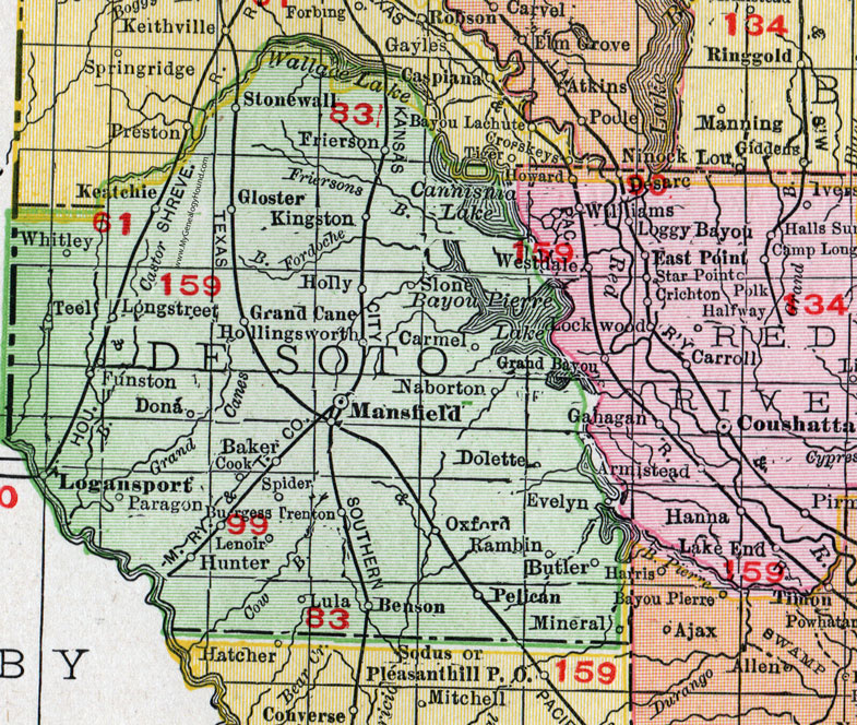 De Soto Parish, Louisiana, 1911, Map, Rand McNally, Mansfield, Logansport, Grand Cane, Gloster, Keatchie, Kingston, Longstreet, Naborton