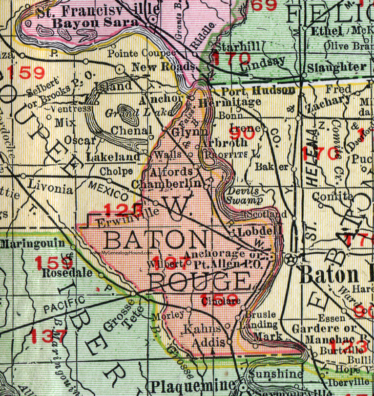 West Baton Rouge Parish, Louisiana, 1911, Map, Rand McNally, Port Allen, Erwinville, Addis, Brusly, Alfords, Arboth, Anchorage, Kahns, Glynn, Lobde, Morley