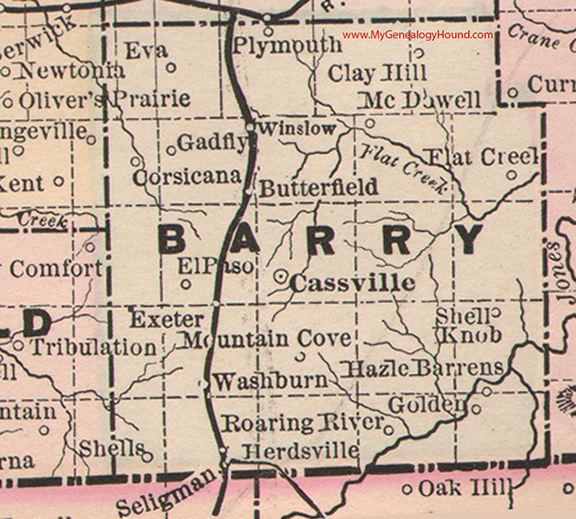 Barry County, Missouri 1886 Map Cassville, Gadfly, Roaring River, Shell Knob, Washburn, Seligman, Exeter