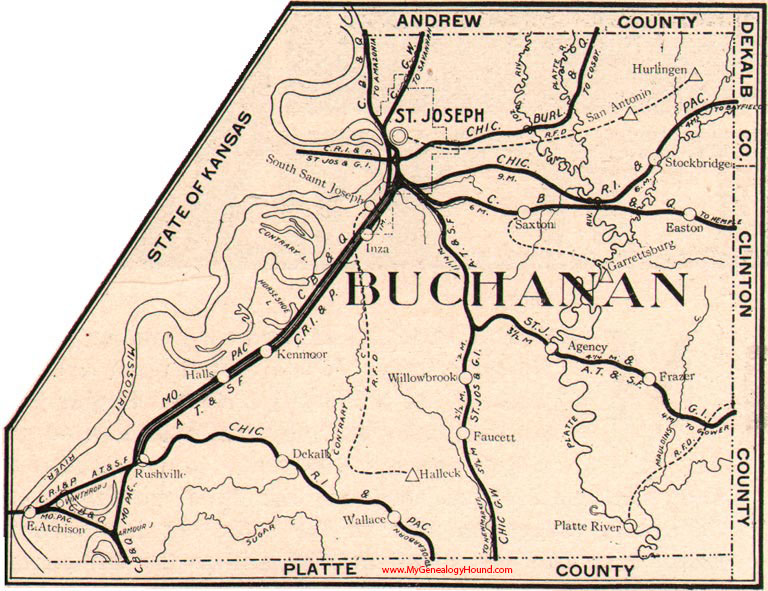 Buchanan County Missouri 1904 Map St. Joseph, Rushville, Agency, DeKalb, Easton, Faucett, MO