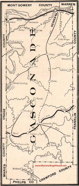 Gasconade County, Missouri 1904 Map Hermann, Owensville, Leduc, Morrison, Swiss, Drake, Bland, Stonyhill, Fredericksburg, MO
