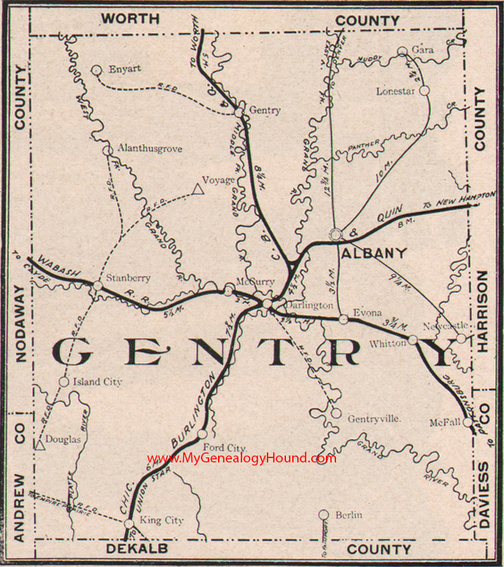 Gentry County Missouri Map 1904 Albany, Stanberry, King City, McFall, Darlington, Ford City, Evona, McCurry, MO