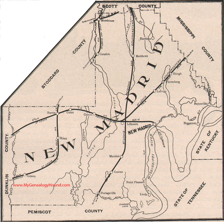 New Madrid County Missouri Map 1904 Portageville, Lilbourn, Marston, Parma, Morehouse, Matthews, Risco, MO 