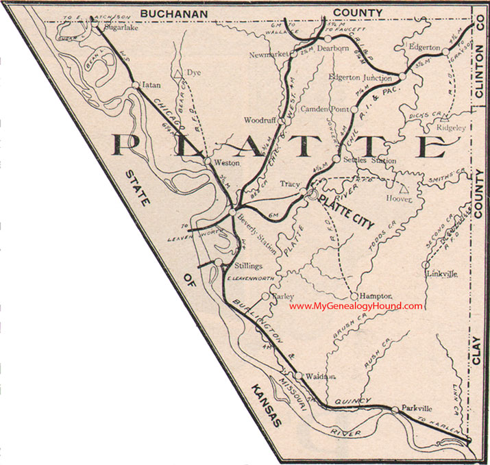 Platte County Missouri Map 1904 Platte City, Weston, Parkville, Edgerton, Dearborn, Beverly Station, Tracy, MO