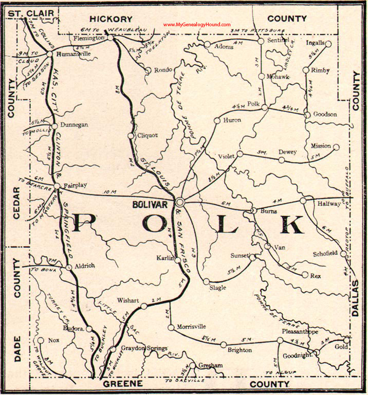 Polk County, Missouri 1904 Map Bolivar, Humansville, Morrisonville, Fairplay, Aldrich, Morrisville, Halfway, MO