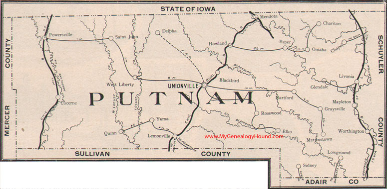 Putnam County Missouri Map 1904 Unionville, Worthington, Livonia, Lucerne, Powersville, Lemonville, Quinn, Yuma, Esper, MO