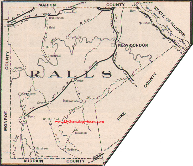 Ralls County Missouri Map 1904 New London, Perry, Center, Rensselaer, Saverton, Ilasco, Cincinnati, Jessamine, MO