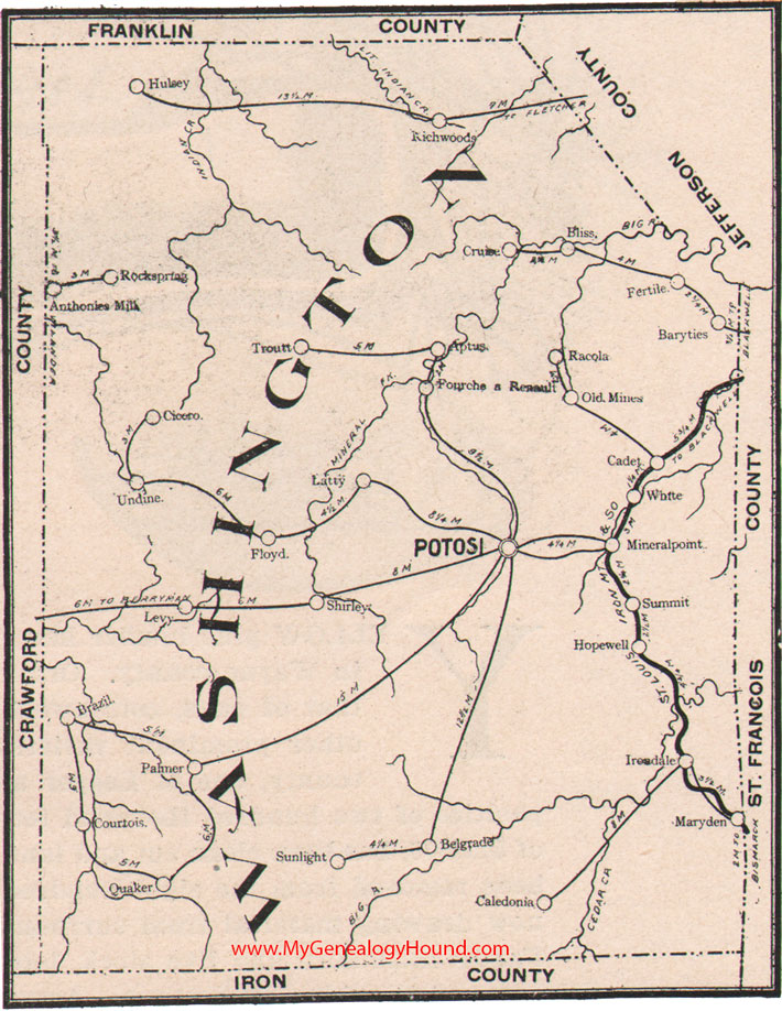 Washington County, Missouri Map 1904 Potosi, Irondale, Caledonia, Belgrade, Richwoods, Palmer, Undine, Shirley, Blackwell, MO