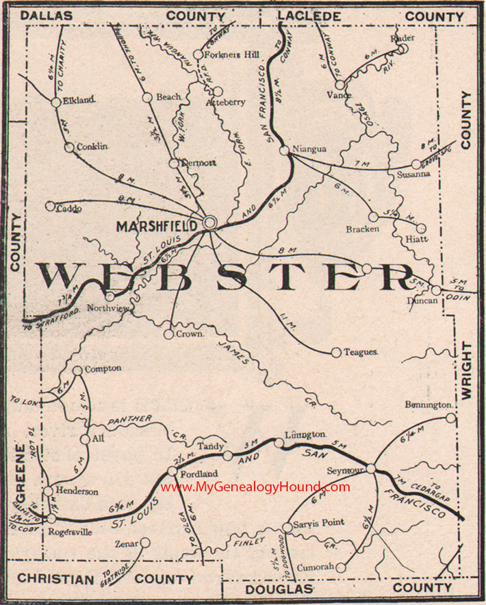 Webster County, Missouri Map 1904 Marshfield, Rogersville, Seymour, Fordland, Niangua, Conklin, MO