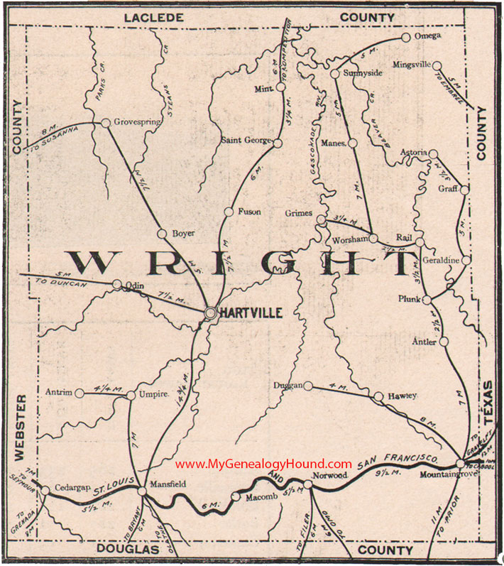 Wright County, Missouri Map 1904 Hartville, Mountain Grove, Mansfield, Norwood, Odin, Grove Spring, Cedar Gap, Lead Hill, Astoria, Whetstone, Macomb, MO