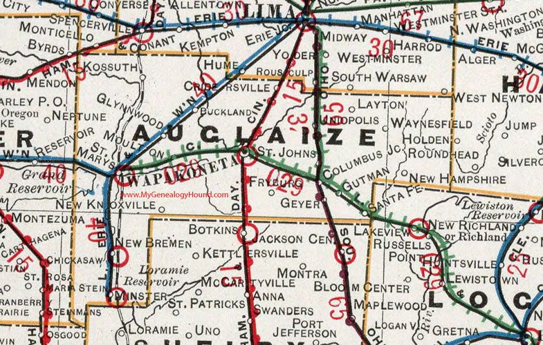 Auglaize County, Ohio 1901 Map Wapakoneta, New Knoxville, Saint Marys, New Bremen, Waynesfield, Cridersville, Uniopolis, Buckland, OH
