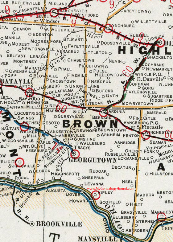 Brown County, Ohio 1901 Map Georgetown, Higginsport, Ripley, Russellville, Mount Orab, Sardinia, Fayetteville, Hamersville, OH