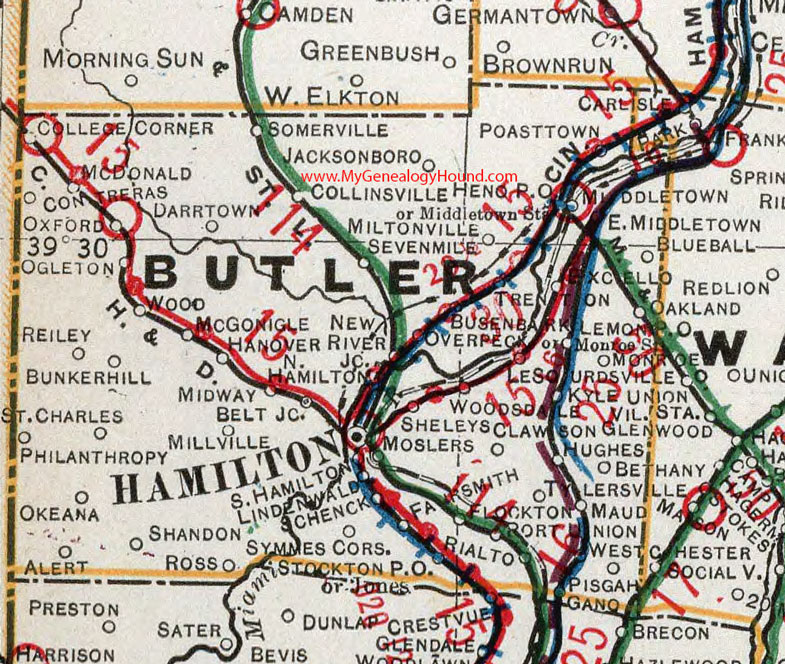 Butler County, Ohio 1901 Map Hamilton, Middletown, Oxford, Monroe, Le Sourdsville, Trenton, Darrtown, Millville, OH