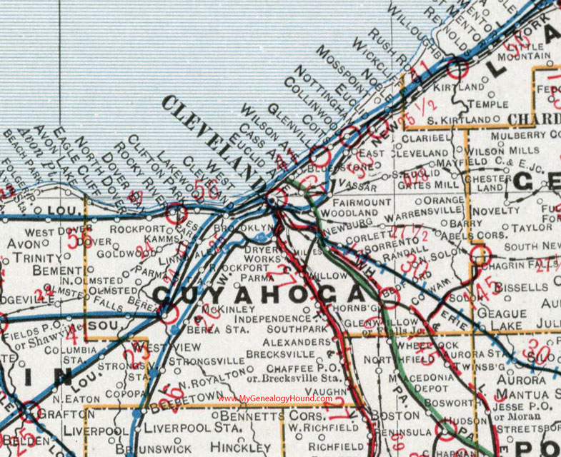 Cuyahoga County, Ohio 1901 Map Cleveland, Mayfield, Rocky River, Euclid, Independence, Strongsville, North Royalton, Parma, Brecksville, OH