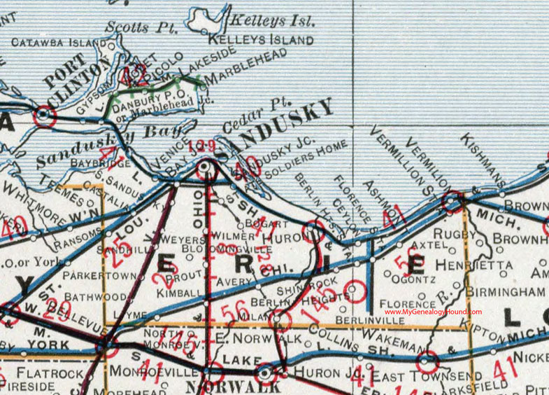 Erie County, Ohio 1901 Map Sandusky, Huron, Vermilion, Castalia, Birmingham, Parkertown, Kimball, Milan, Shinrock, OH