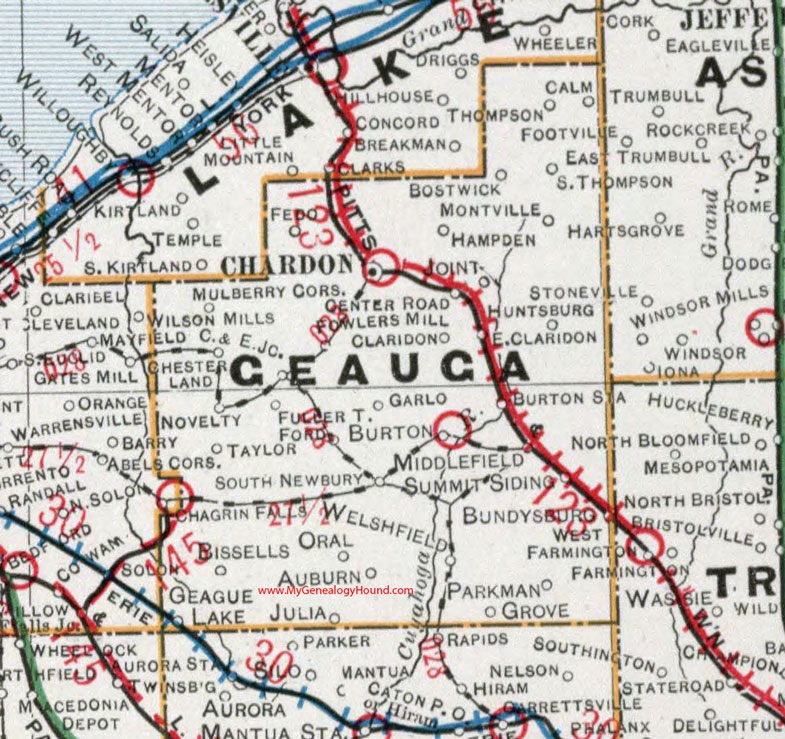Geauga County, Ohio 1901 Map Chardon, Middlefield, Burton, Chesterland, Novelty, Montville, Thompson, Huntsburg, Welshfield, Parkman, OH