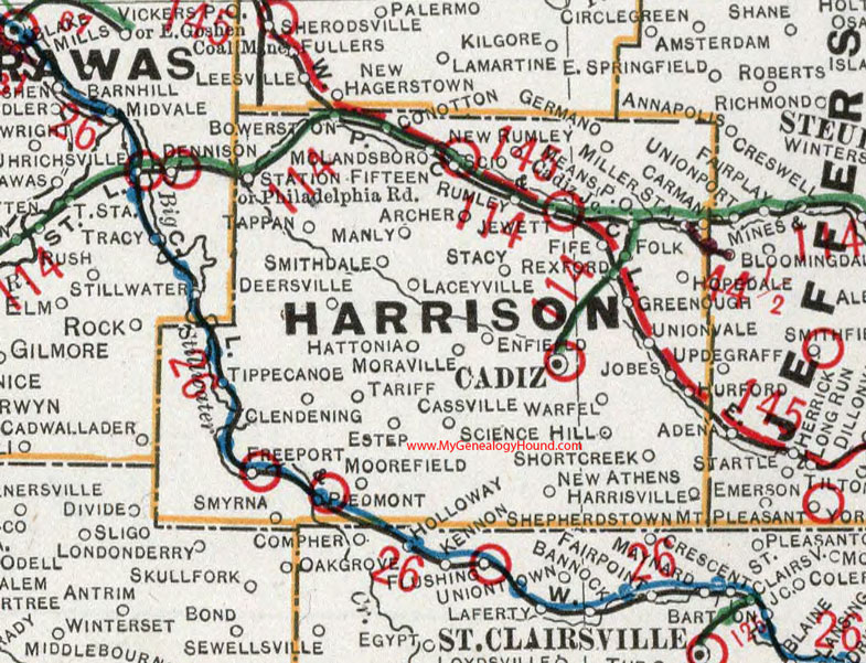Harrison County, Ohio 1901 Map Cadiz, Hopedale, Deersville, Piedmont, New Athens, Freeport, Tippecanoe, Bowerston, Scio, Jewett, OH