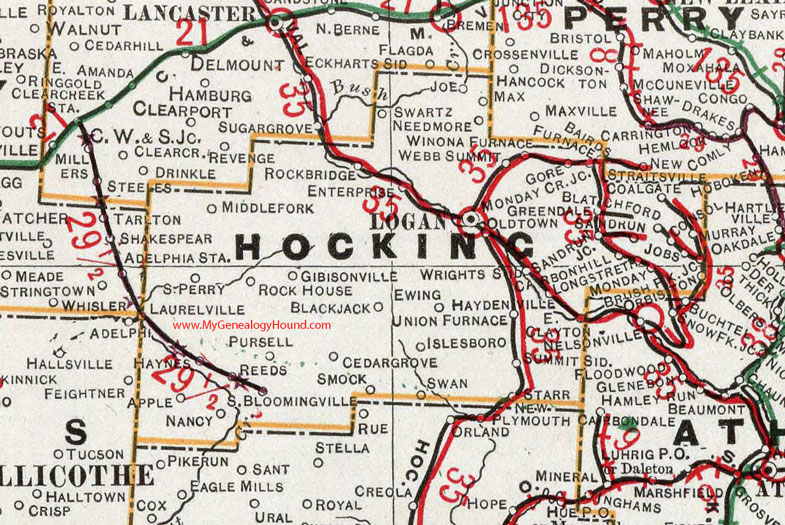 Hocking County, Ohio 1901 Map Logan, Murray City, Carbon Hill, Haydenville, Union Furnace, South Bloomingville, South Perry, Laurelville, Rockbridge, OH