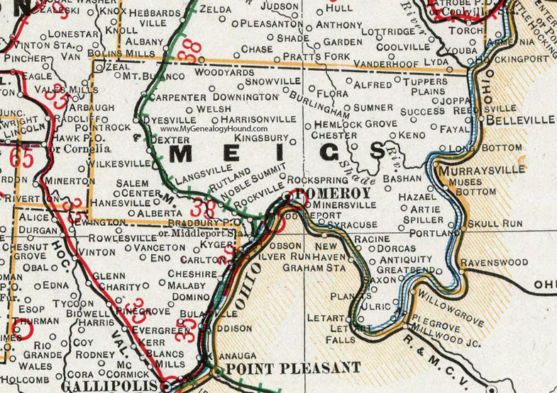 Meigs County, Ohio 1901 Map Pomeroy, Racine, Middleport, Syracuse, Rutland, Dexter, Harrisonville, Chester, Tuppers Plains, Portland, OH
