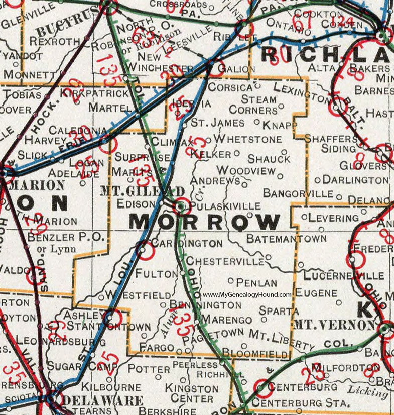 Morrow County, Ohio 1901 Map, Mount Gilead, Cardington, Chesterville, Fulton, Iberia, Shauck, Marengo, Sparta, Edison, Corsica, OH