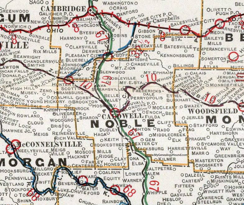 Noble County, Ohio 1901 Map, Caldwell, Sarahsville, Belle Valley, Dexter City, Summerfield, Hiramsburg, Whigville, Harrietsville, Fulda, Hoskinville, OH
