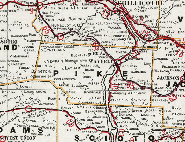 Pike County, Ohio 1901 Map, Waverly, Piketon, Beaver, Omega, Latham, Elm Grove, Byington, Newfain, Cynthiana, Van Meter, OH