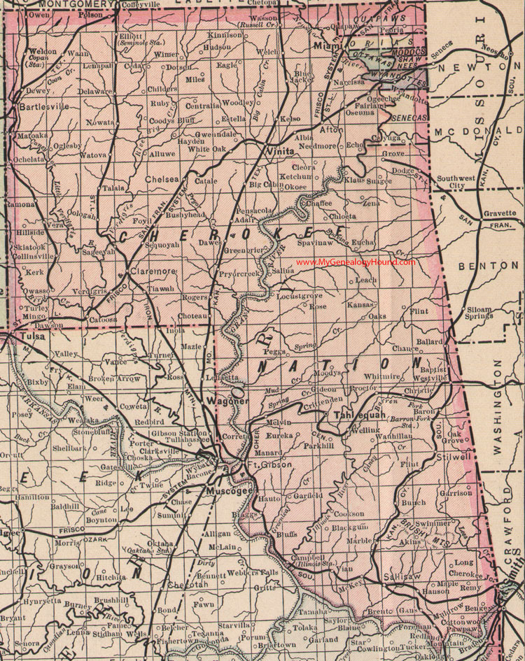 Cherokee Nation Indian Territory Map 1905 Vinita, Tahlequah, Miami, Claremore, Sallisaw, Bartlesville, Stilwell, Big Cabin, Adair, Chelsea, Bushyhead, Oklahoma, OK, IT