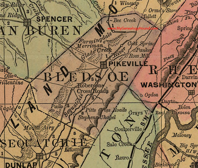 Bledsoe County, Missouri 1888 Map Pikeville, Tollett, Pankey, Merriman, Stephens Chapel, Pailo, Pitts Cross Roads, Robersons Cross Roads, Farmingdale, TN