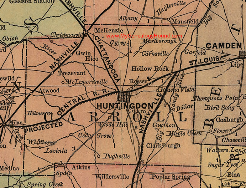 Carroll County, Tennessee 1888 Map Huntingdon, McKenzie, Christmasville, Gypsy, Marlborough, Rosser, Lavinia, Whitthorne, Atwood, TN
