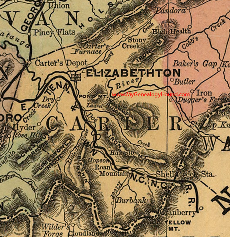 Carter County, Tennessee 1888 Map Elizabethton, Roan Mountain, Hampton, Hyder, Hopson, Burbank, Carter's Depot, Stony Creek, Dugger's Ferry, TN