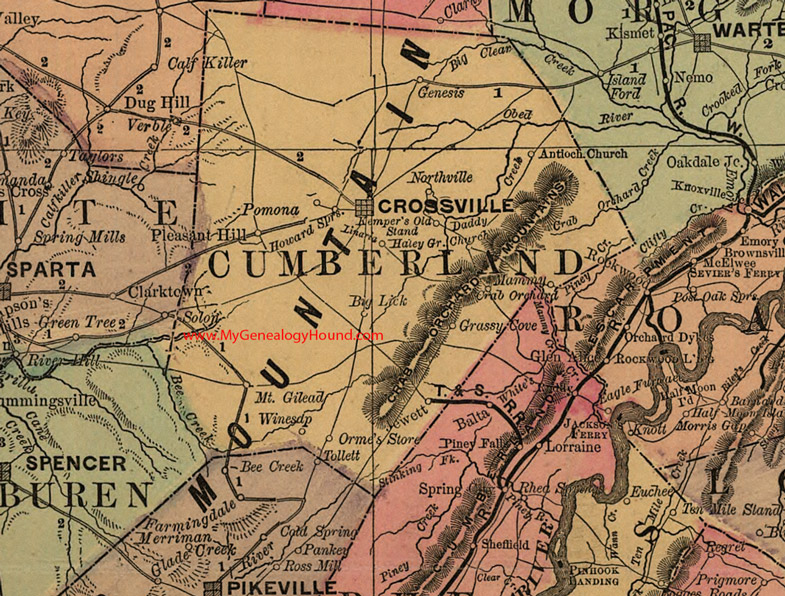 Cumberland County, Tennessee 1888 Map Crossville, Crab Orchard, Genesis, Pomona, Winesap, Jewett, Pleasant Hill, Northville, Linaria, TN